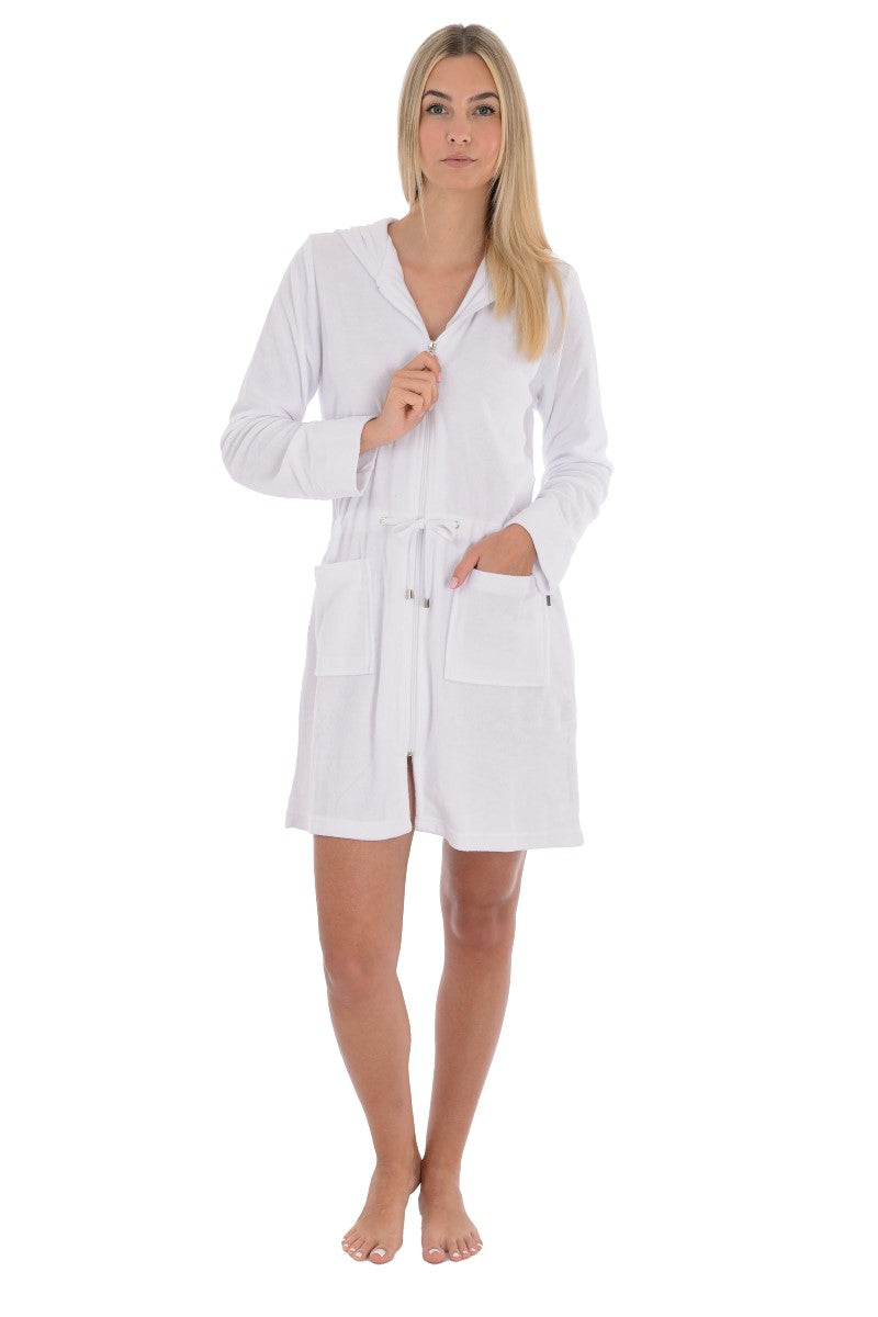 wewofashion Damen Badejacke Frottier Stretch Kapuze Reißverschluss – Weiß