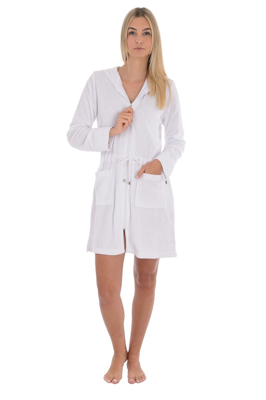 wewofashion Damen Badejacke Frottier Stretch Kapuze Reißverschluss – Weiß
