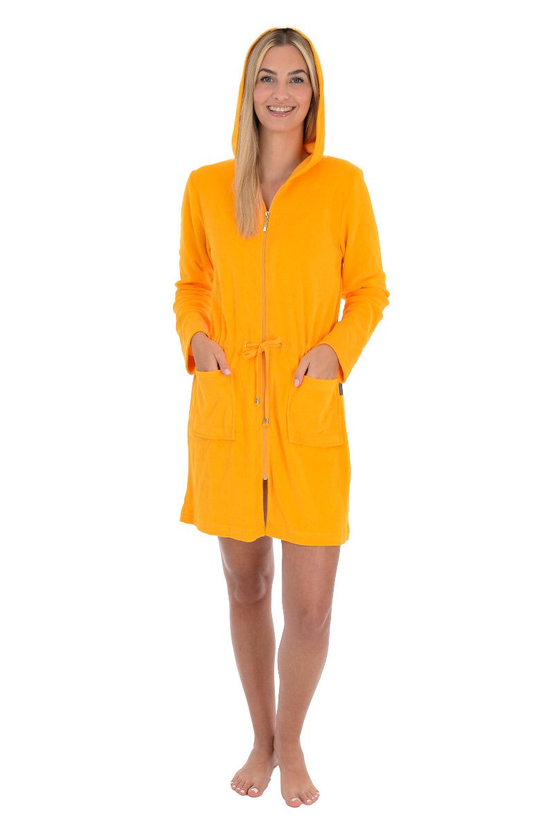 wewofashion Damen Badejacke Frottier Stretch Kapuze Reißverschluss – Sonnengelb