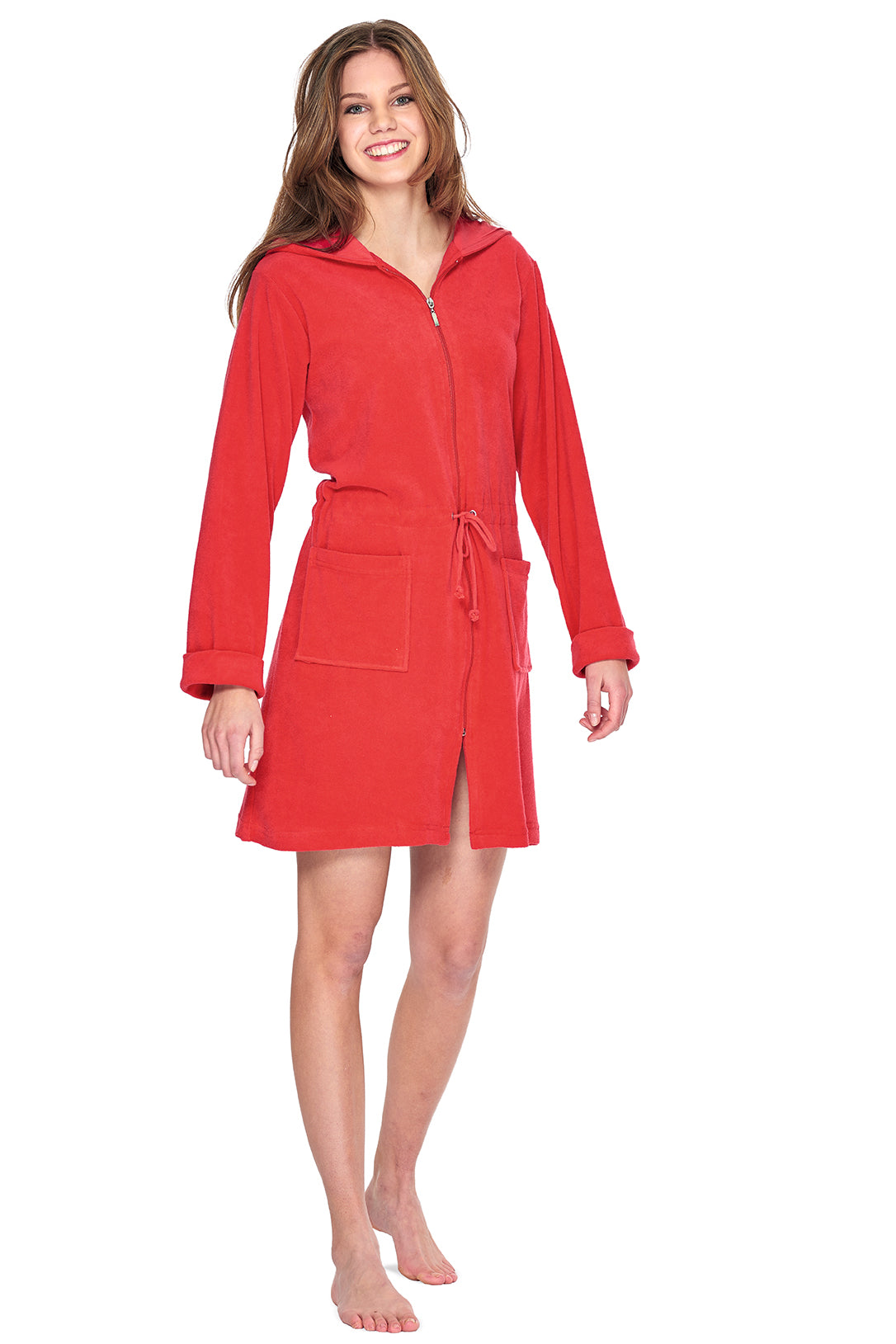 wewofashion Damen Badejacke Frottier Stretch Kapuze Reißverschluss – Rot