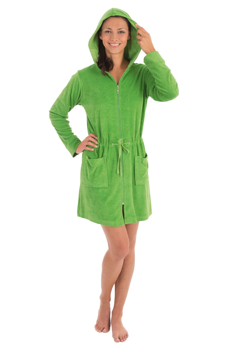 wewofashion Damen Badejacke Frottier Stretch Kapuze Reißverschluss – Grasgrün