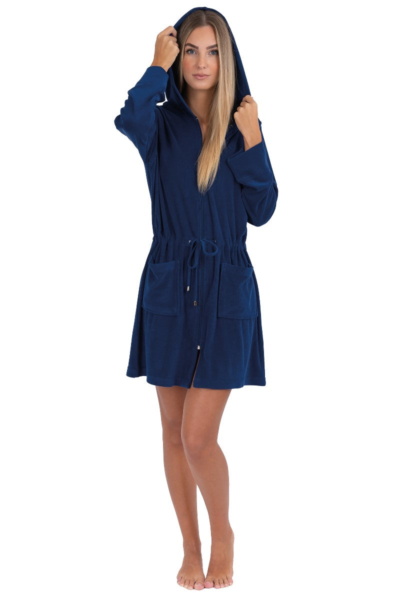 wewofashion Damen Badejacke Frottier Stretch Kapuze Reißverschluss – Dunkelblau