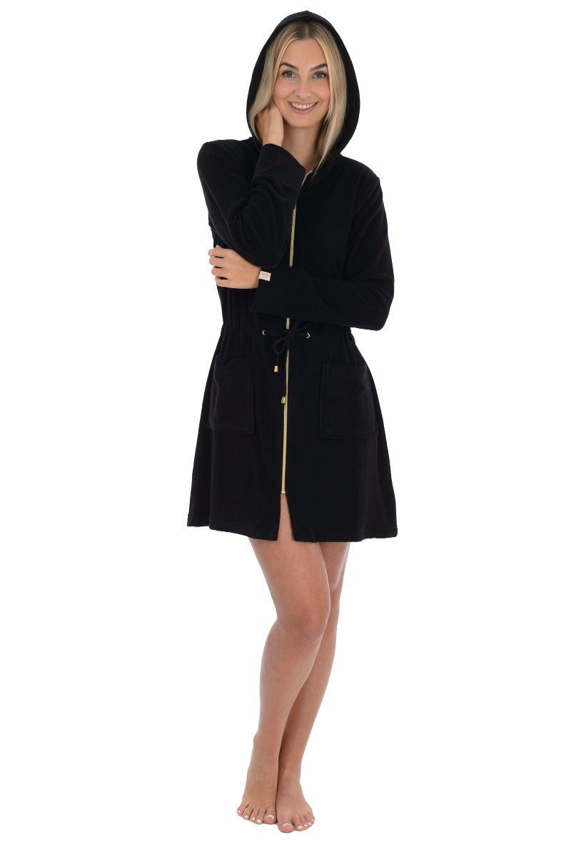wewofashion Damen Badejacke Frottier Stretch Kapuze Reißverschluss – Schwarz/Gold