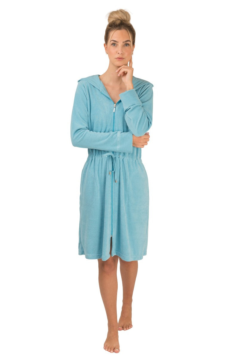 wewofashion Damen Badejacke Frottier Stretch Kapuze Reißverschluss – Aqua