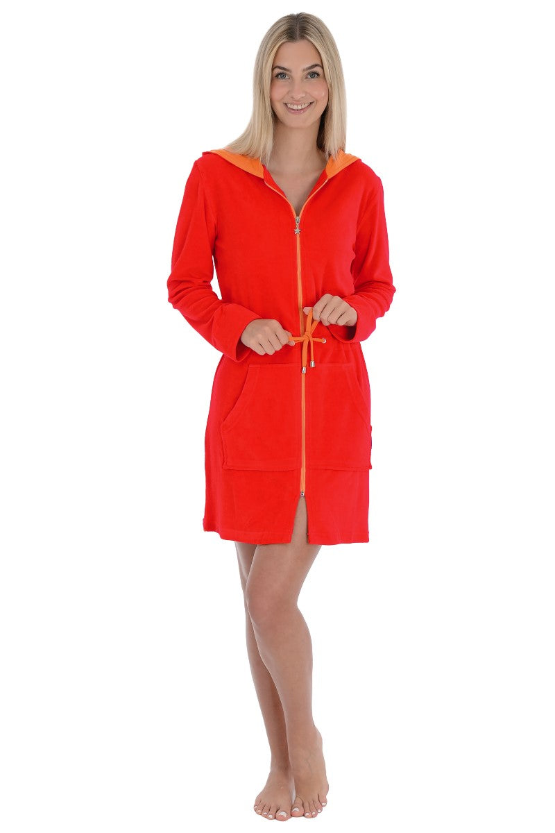 wewofashion Damen-Badejacke Frottier-Stretch mit Kapuze – Blutorange/Orange