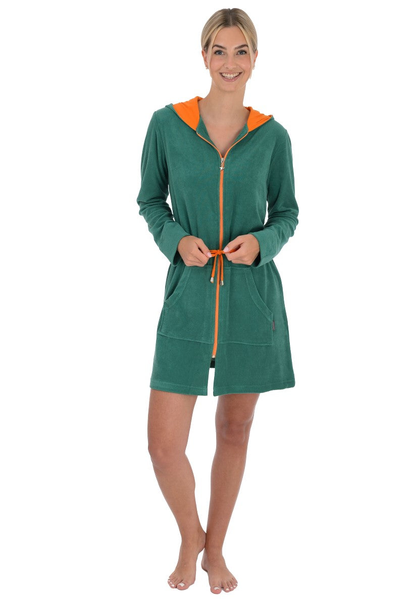 wewofashion Damen-Badejacke Frottier-Stretch mit Kapuze – Petrol/Orange