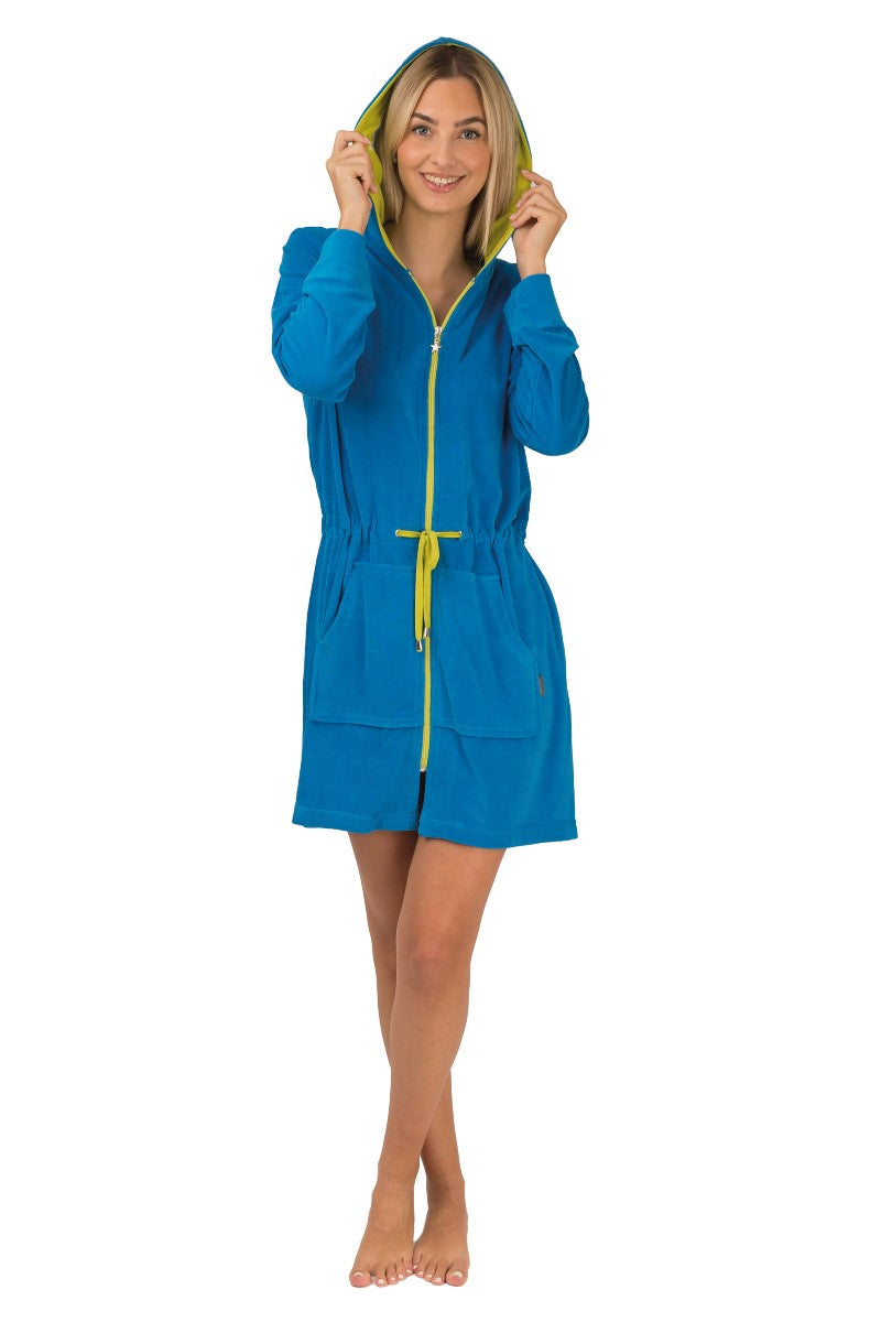 wewofashion Damen-Badejacke Frottier-Stretch mit Kapuze – Karibik/Apfelgrün