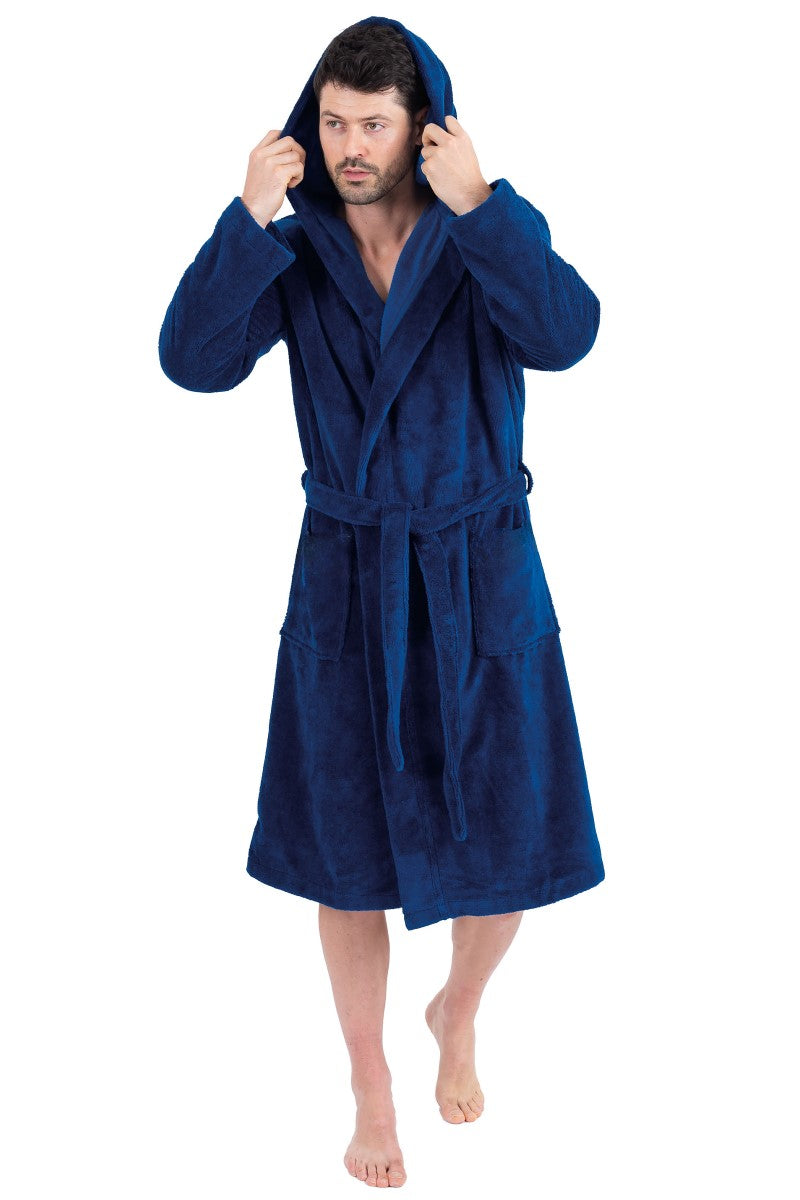 wewofashion Herren Bademantel Mischgewebe BW/Poly Kapuze – Jeansblau