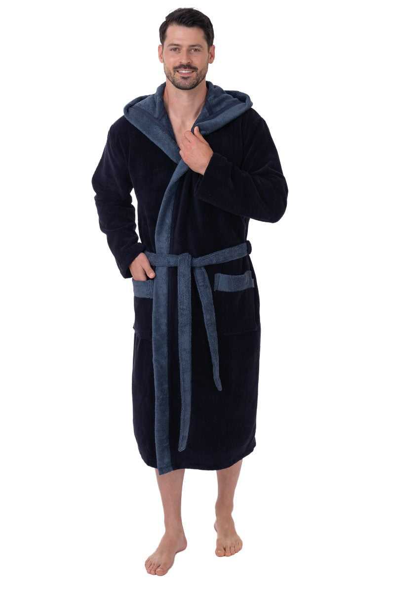 wewofashion Herren Bademantel Multifaser Kapuze – Nachtblau