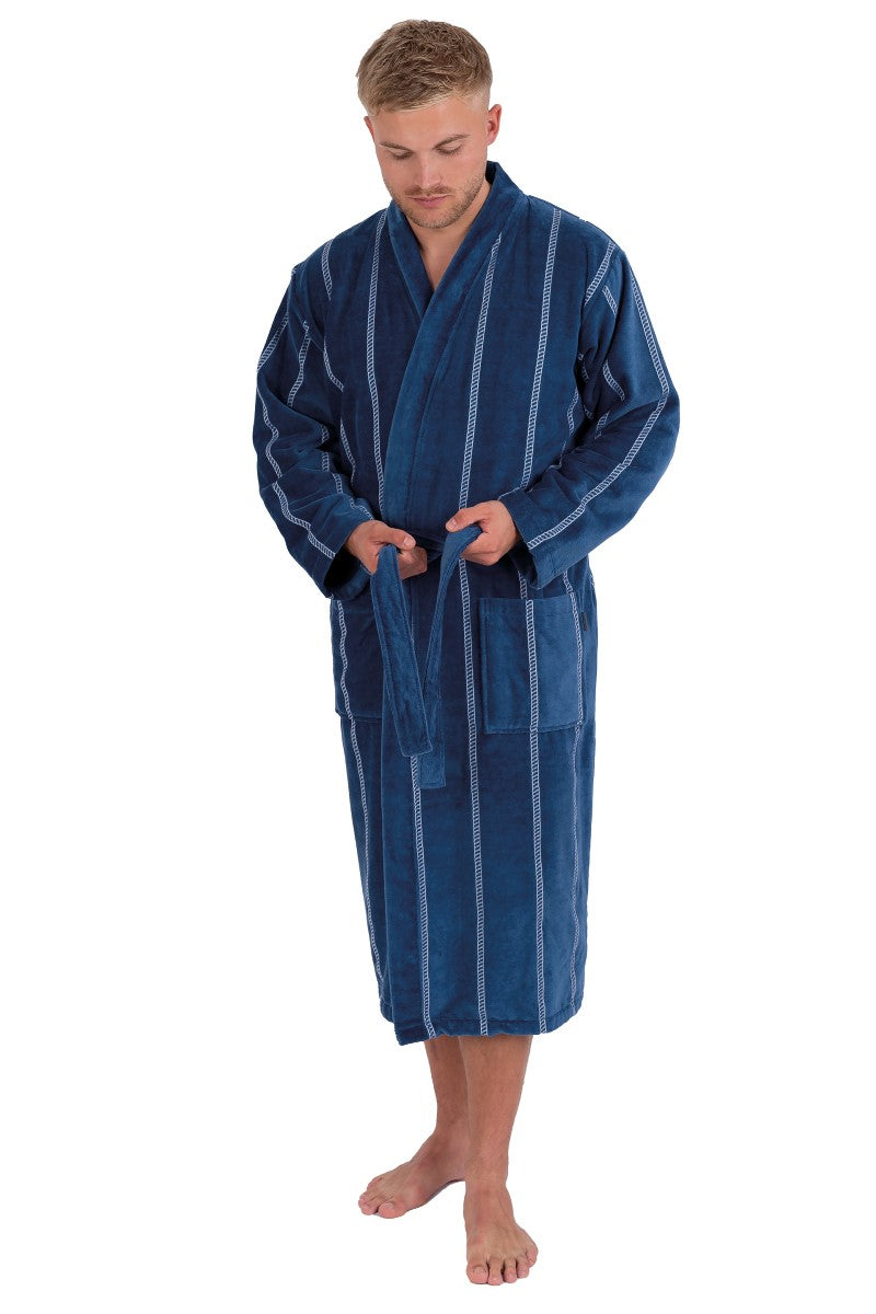 wewofashion Herren-Bademantel Kimono Velours gestreift – Dunkelblau