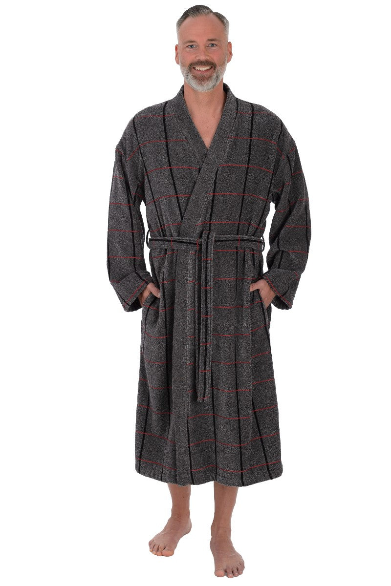 wewofashion Herren-Bademantel Kimono Velours mit roten & schwarzen Streifen – Anthrazit meliert