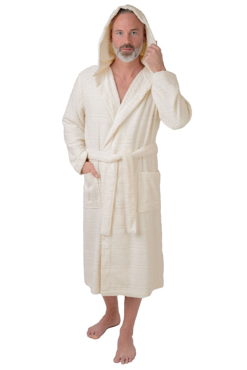 wewofashion Unisex-Bademantel Frottier mit Kapuze & Querstreifen – Ecru