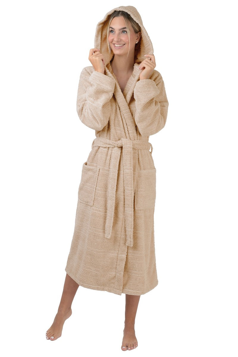 wewofashion Unisex-Bademantel Frottier mit Kapuze & Querstreifen – Beige