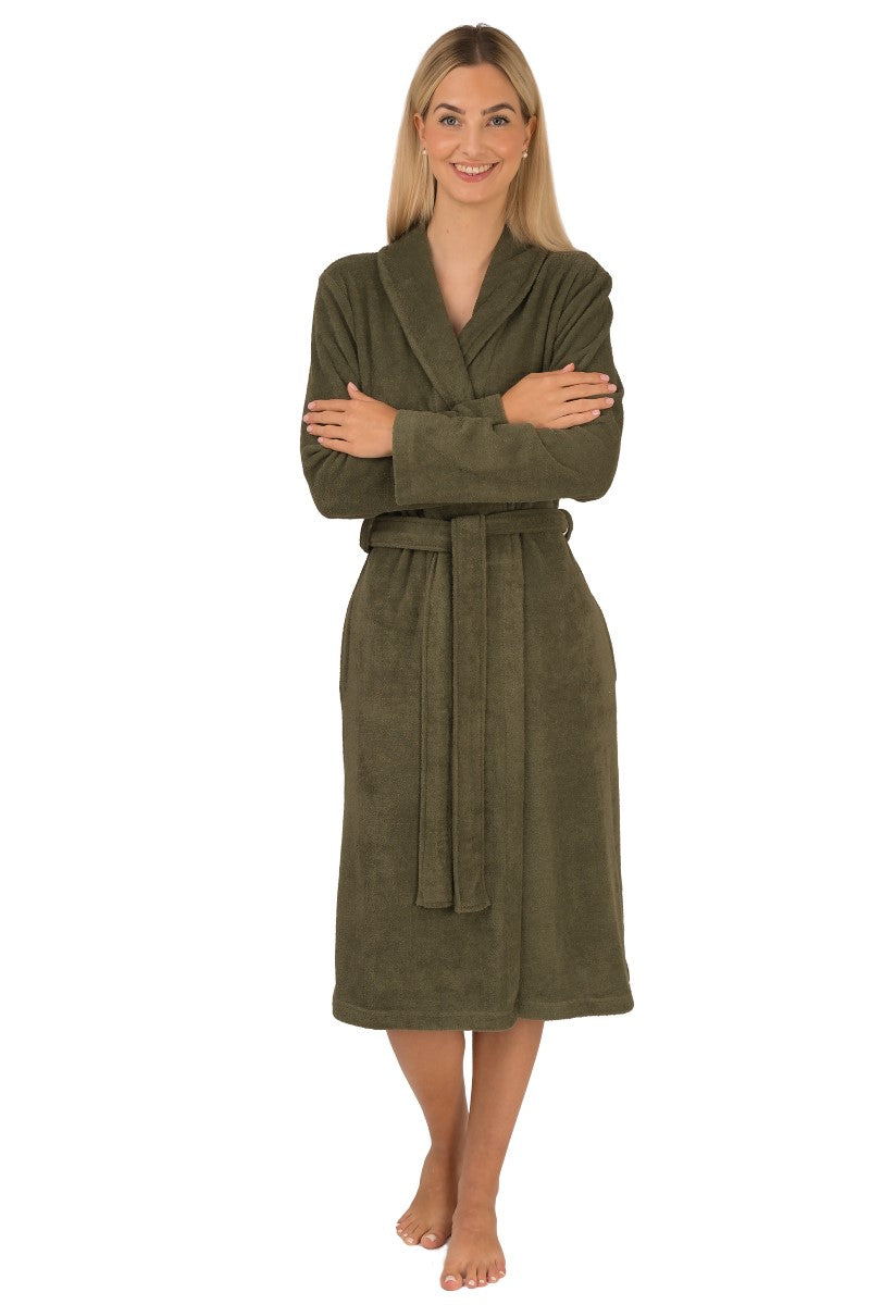 wewofashion Damen-Bademantel Frottier-Stretch mit Schalkragen & Schubtaschen – Thymian