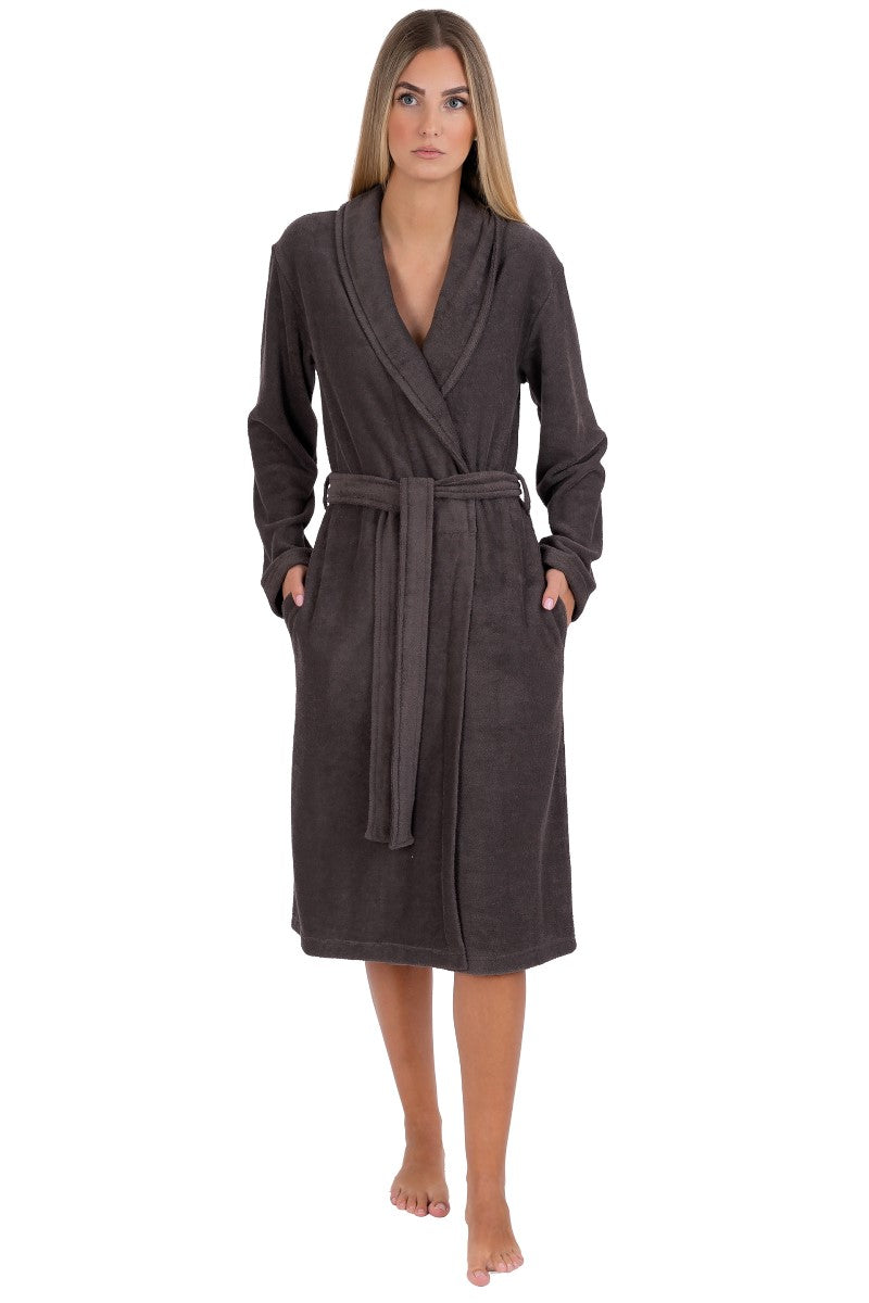 wewofashion Damen-Bademantel Frottier-Stretch mit Schalkragen & Schubtaschen – Dunkelbraun