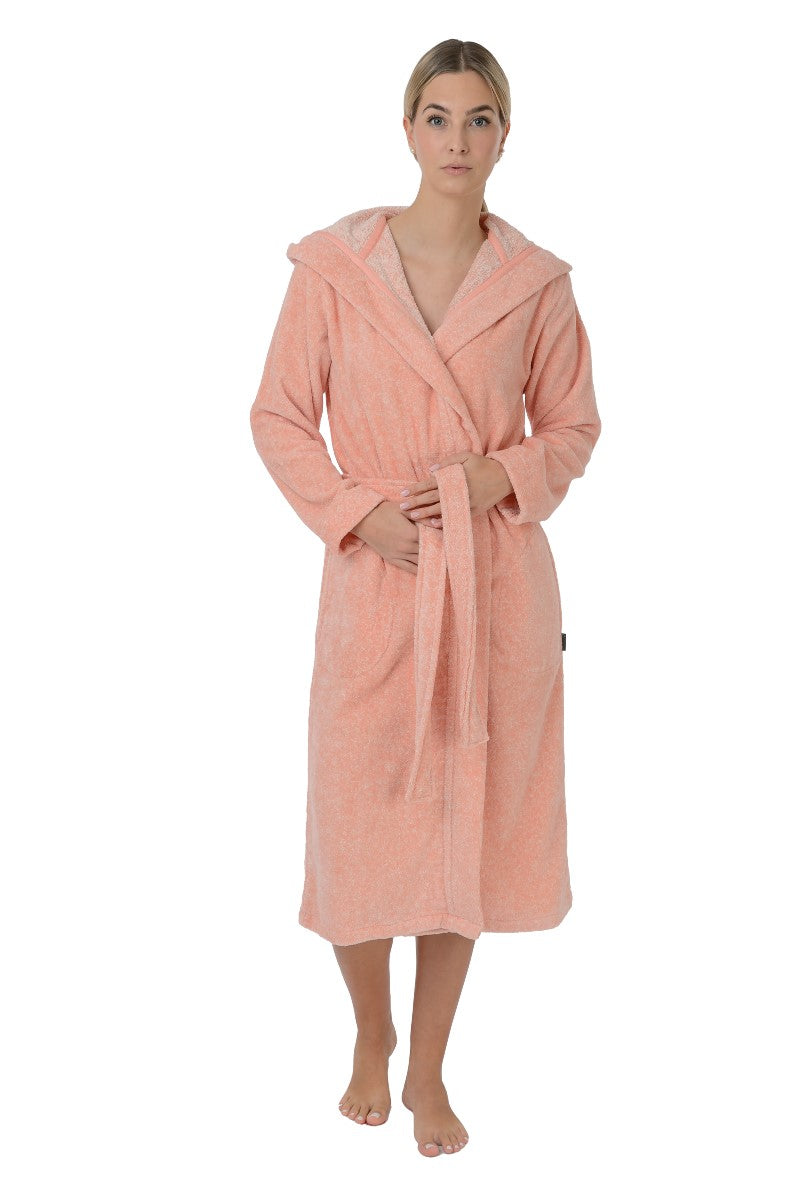 wewofashion Damen-Bademantel Velours mit Kapuze & Schubtaschen – Rosé
