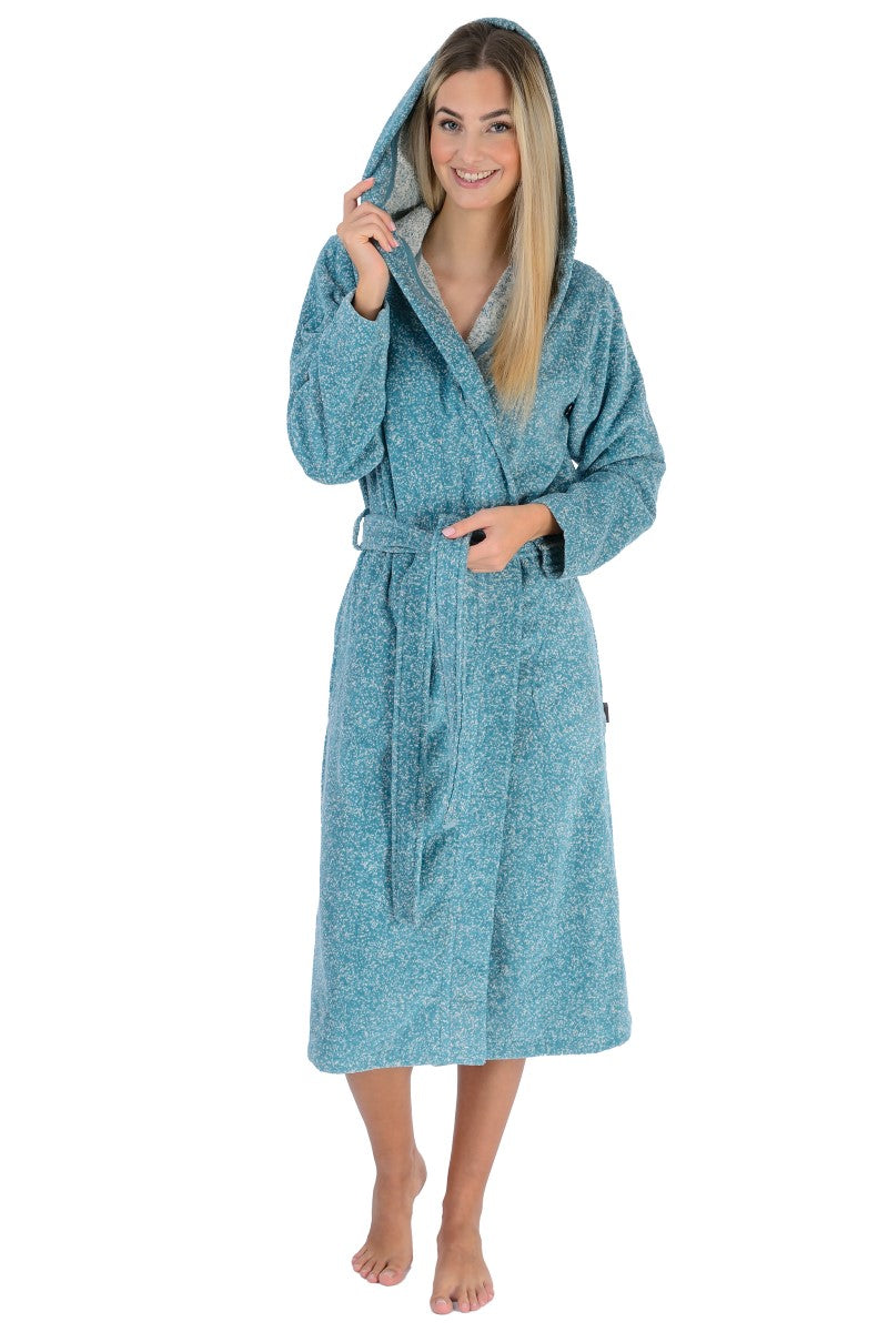 wewofashion Damen-Bademantel Velours mit Kapuze & Schubtaschen – Ozeanblau