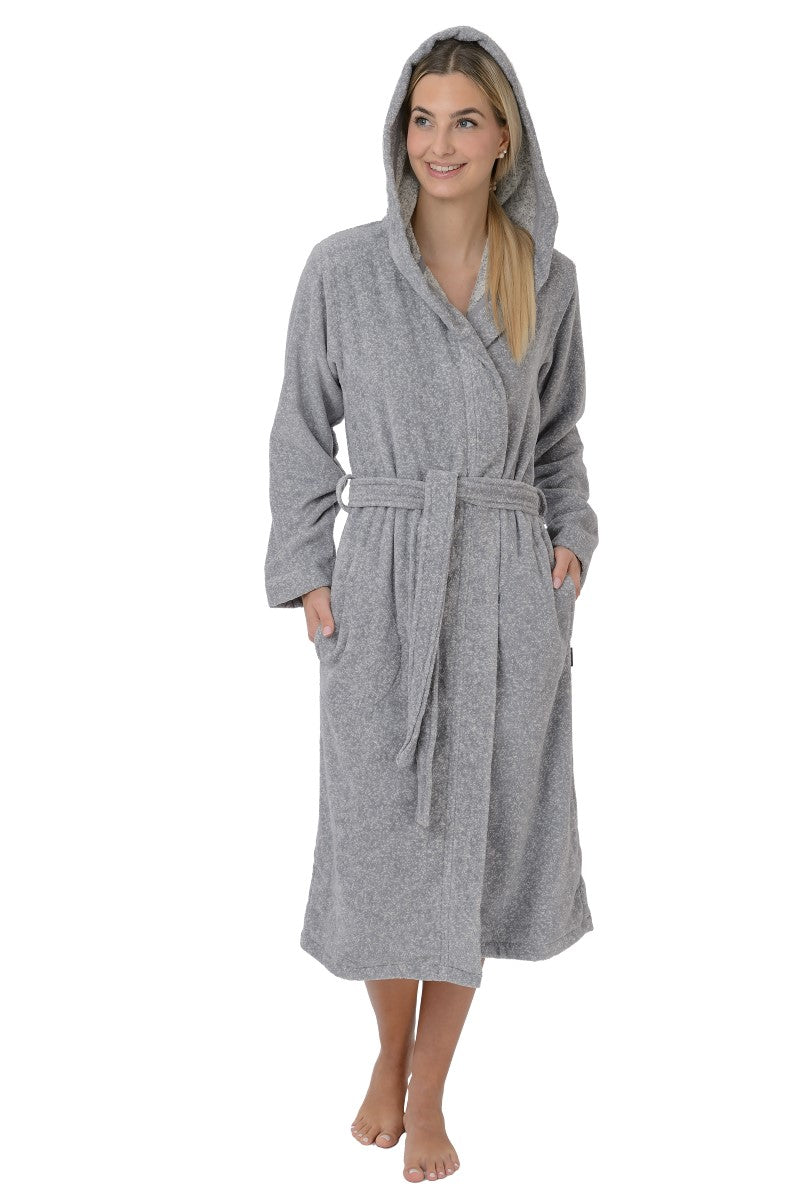 wewofashion Damen-Bademantel Velours mit Kapuze & Schubtaschen – Silber