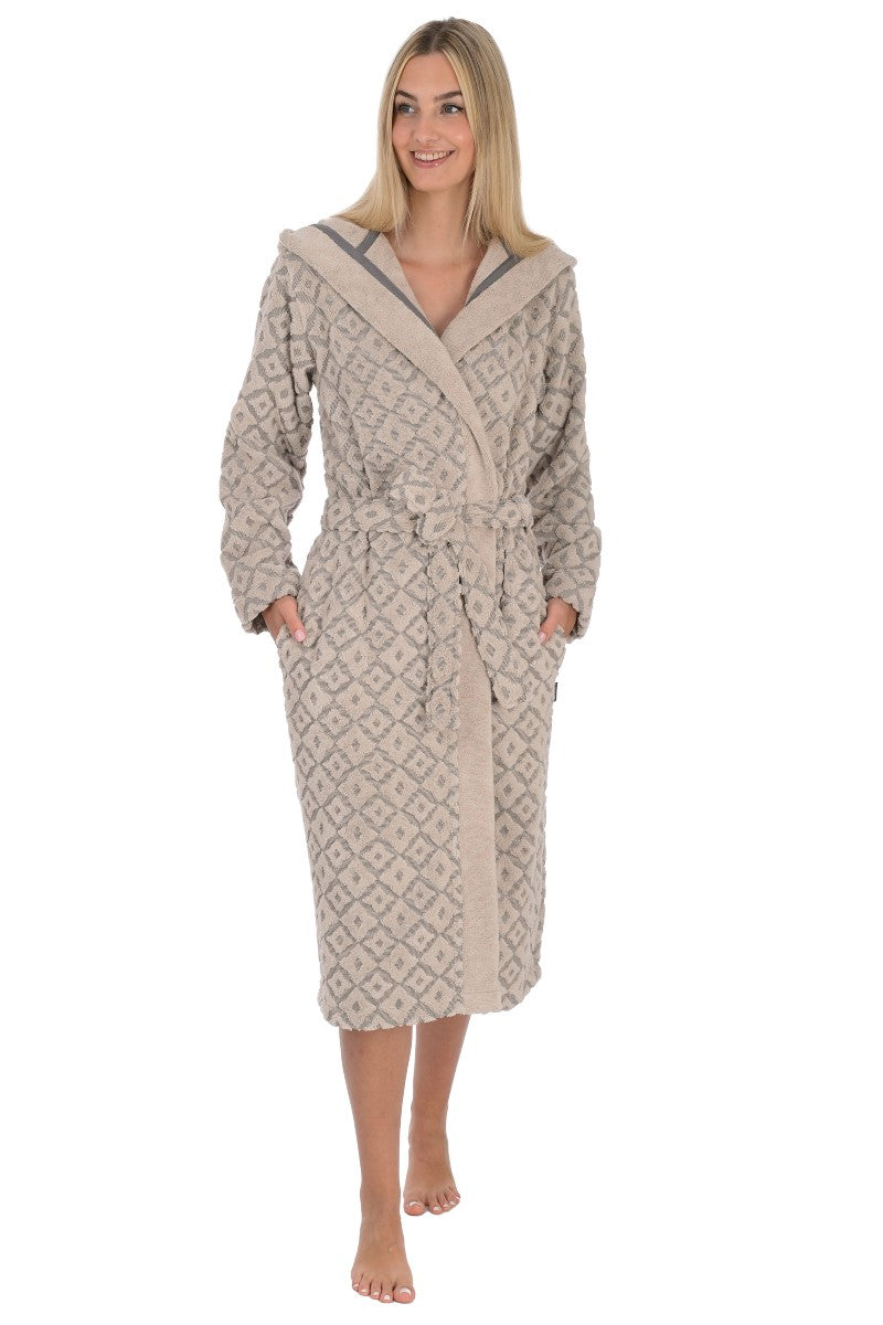 wewofashion Damen-Bademantel Jacquard Rauten-Optik mit Kapuze – Stein