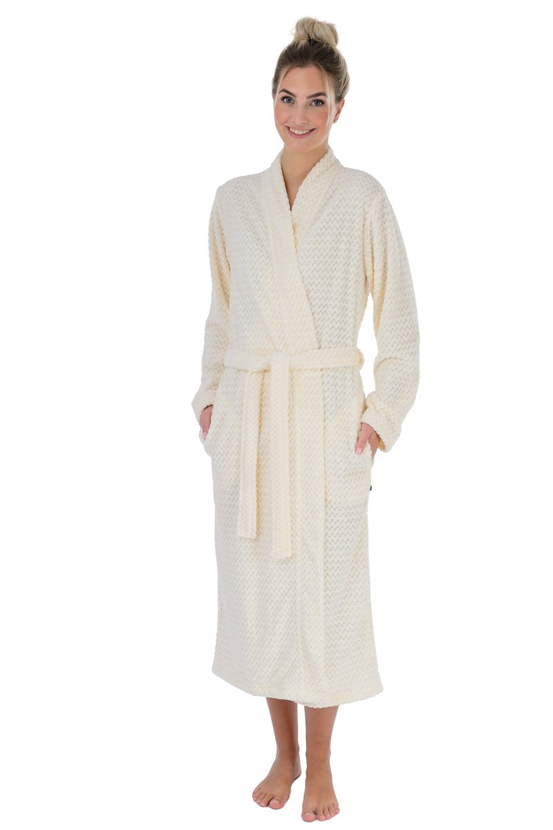 wewofashion Damen-Bademantel Kimono Micro-Velours mit Schubtaschen – Creme