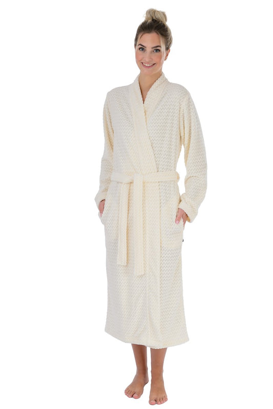 wewofashion Damen-Bademantel Kimono Micro-Velours mit Schubtaschen – Creme