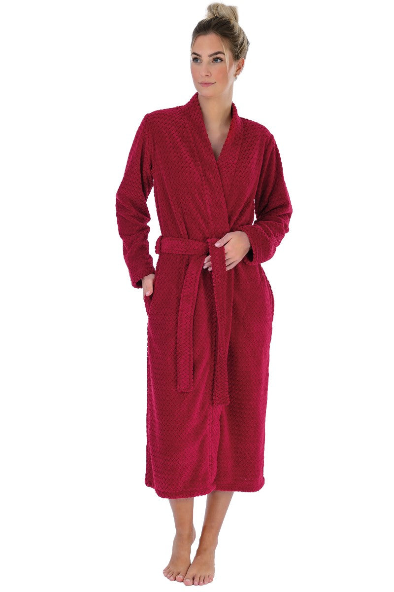 wewofashion Damen-Bademantel Kimono Micro-Velours mit Schubtaschen – Bordeaux