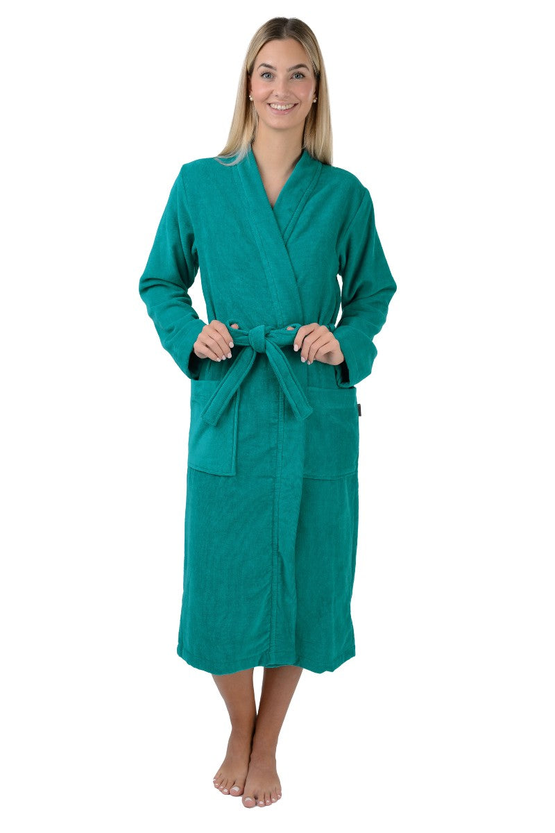 wewofashion Damen-Bademantel Kimono Velours mit aufgesetzten Taschen – Türkis