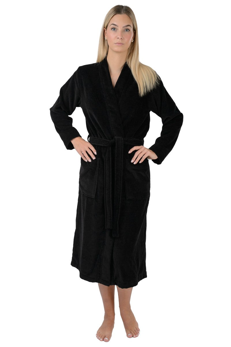 wewofashion Damen-Bademantel Kimono Velours mit aufgesetzten Taschen – Schwarz