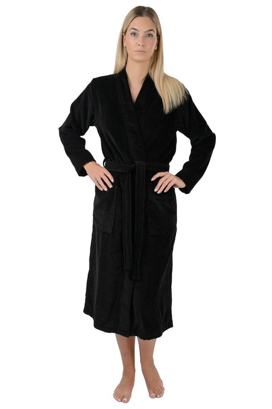 wewofashion Damen-Bademantel Kimono Velours mit aufgesetzten Taschen – Schwarz