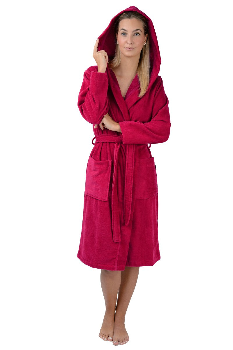 wewofashion Damen-Bademantel Velours mit Kapuze & aufgesetzten Taschen – Fuchsia