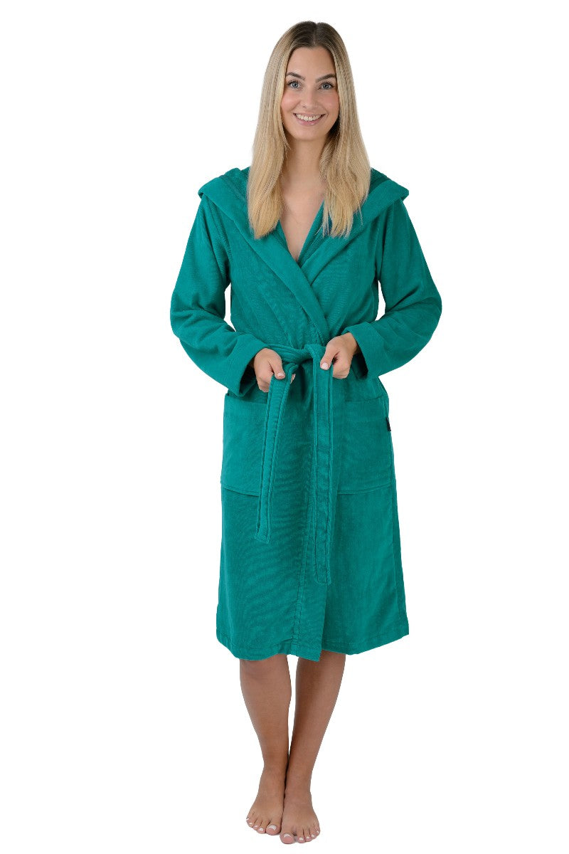 wewofashion Damen-Bademantel Velours mit Kapuze & aufgesetzten Taschen – Türkis