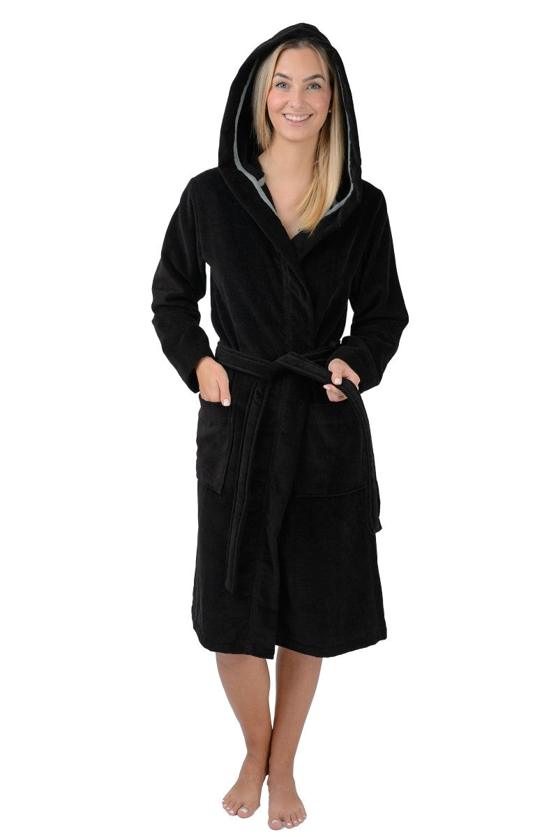 wewofashion Damen-Bademantel Velours mit Kapuze & aufgesetzten Taschen – Schwarz