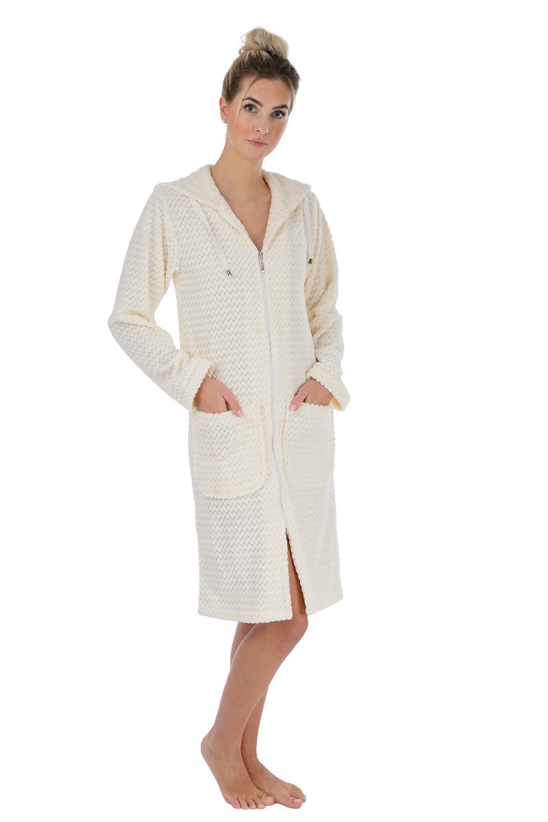 wewofashion Damen-Badejacke Micro-Velours mit Kapuze & Reißverschluss – Creme