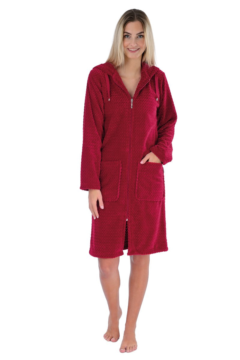 wewofashion Damen-Badejacke Micro-Velours mit Kapuze & Reißverschluss – Bordeaux